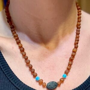 Baltic Amber & turq Howelite Healing Necklace 18.5" | honey Amber w/ lava Stone